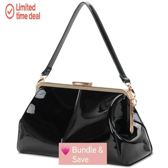 Vintage Kiss Lock Patent Leather Evening Clutch with Two Straps